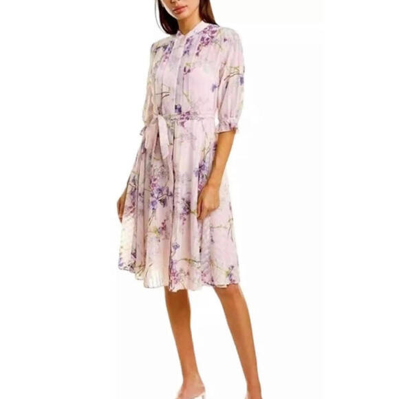 Nanette Lepore Lavender Floral Midi Dress with Belt - Perfect for Spring - Picture 1 of 8